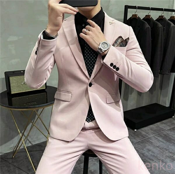 【送料無料】ピンクスーツ 無地 1ボタン スリムスーツ ビジネススーツ メンズ シングル メンズスーツ 紳士服 シンプル 大きいサイズ おしゃれスーツ 細身