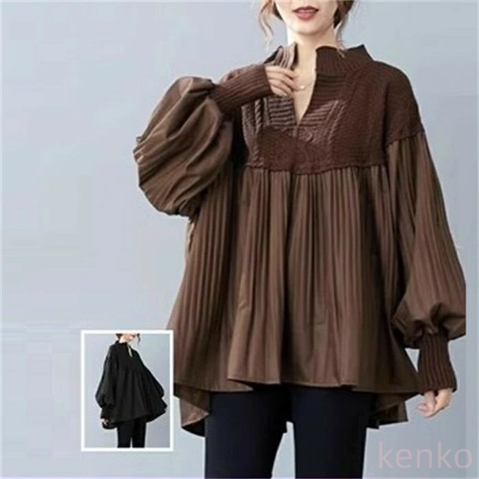 【送料無料】ワンピース 長袖 チュニックワンピ プリーツワンピース プリーツ ニット ニットワンピース リブスリープ バルーンスリープ 春秋 レディース