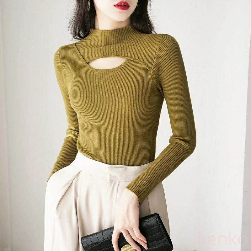 【送料無料】レディース ニットセーター Vネック トップス ニット タートルネック 胸元開き 長袖 ハイ..