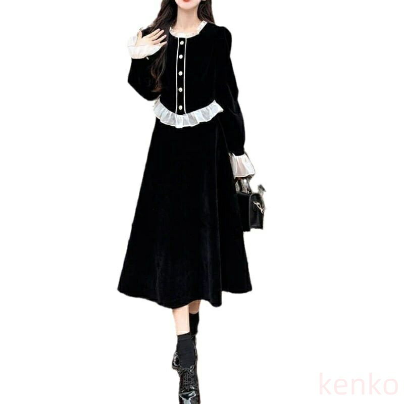 【送料無料】ベルベットワンピース レディース ベロアワンピース 秋冬 Aライン スクエアネック パーティー ドレス ロング丈 長袖 ふんわり オシャレ(4)