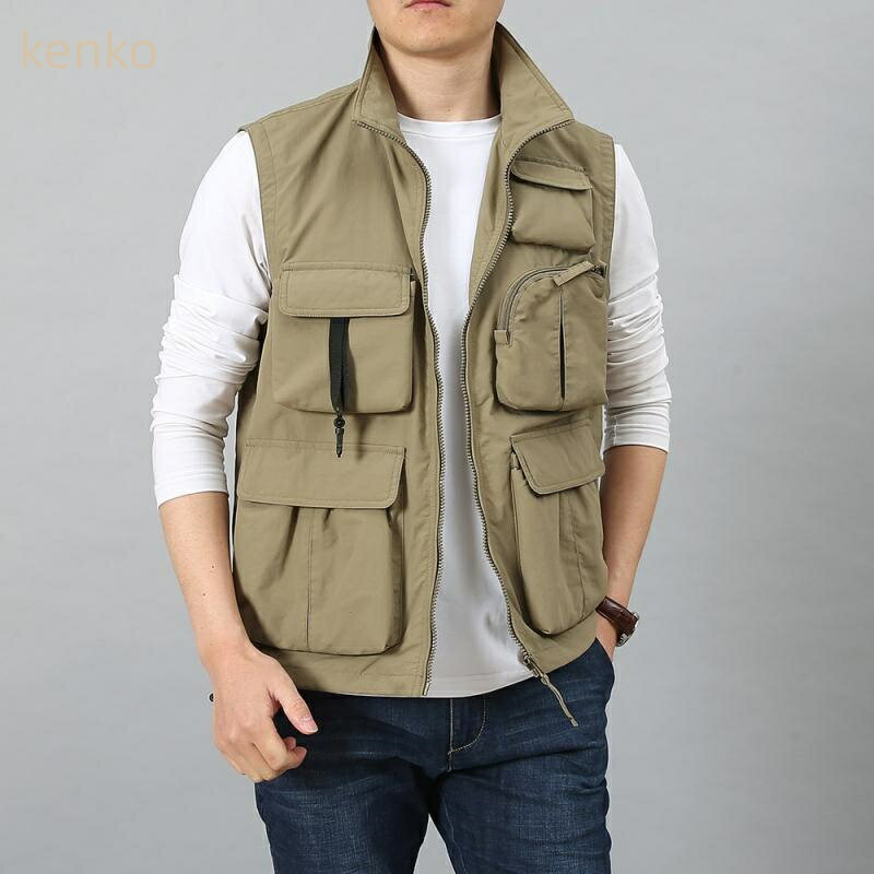 ベスト メンズ 春秋 男性用 薄手 軽量 速乾 ドライ アウトドア 釣り フィッシング 撮影 カメラマン マルチポケット 収納 作業着 ワーク ジレ ナイロン 立襟 レジャー キャンプ カジュアル