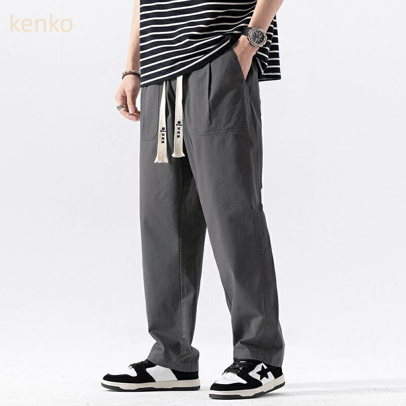 ワークパンツ 男性用 軽量 高密度 コーマ綿 アメリカンスタイル ストレート ロング丈 カジュアル 普段使い ウォッシュ加工 春夏 薄手 ゆったり ビッグサイズ ノンストレッチ 耐摩耗