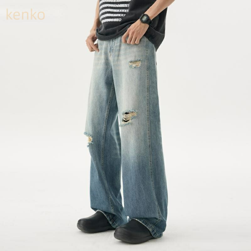 デニムパンツ メンズ 春夏 ウォッシュ加工 グラデーション オンブレ ダメージ加工 クラッシュ ゆったり ルーズフィット ストレート ワイド アメリカンカジュアル アメカジ ストリート 薄手 綿混 ライトブルー ストレッチ(4)