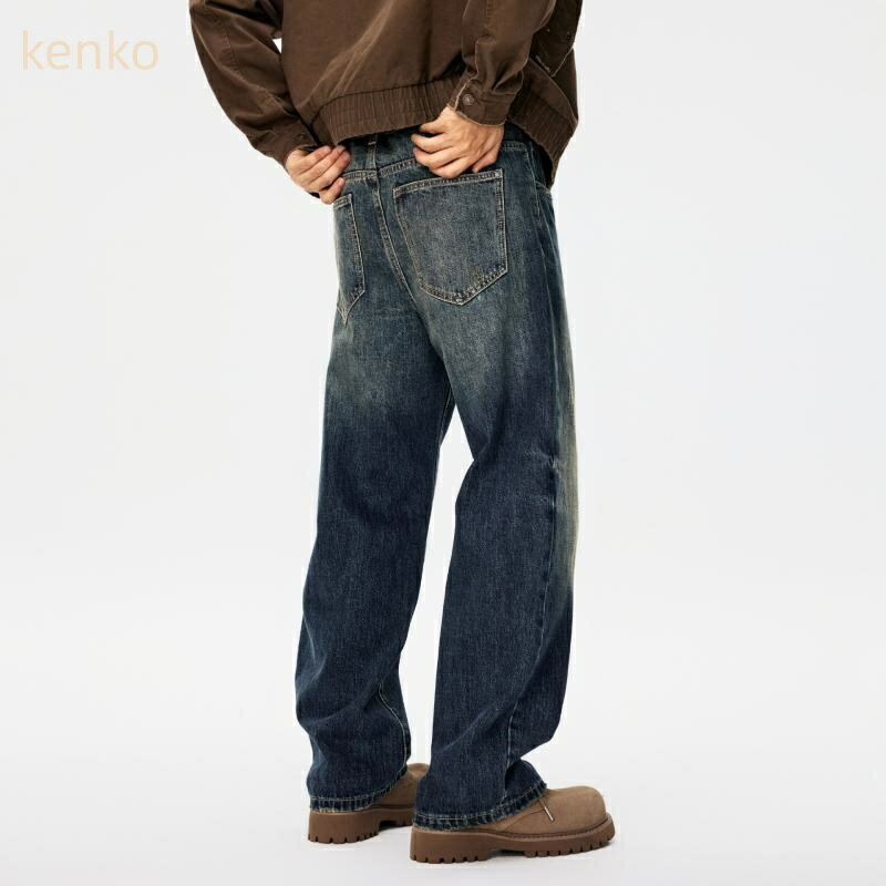 デニムパンツ メンズ アメリカンスタイル レトロ ヴィンテージ ユーズド加工 ウォッシュ加工 シンプル ストレートジーンズ 手縫い ヒゲ加工 ヘビーウェイト スラブ織り 綿 コットン ポリエステル インディゴ カジュアル ロングパンツ