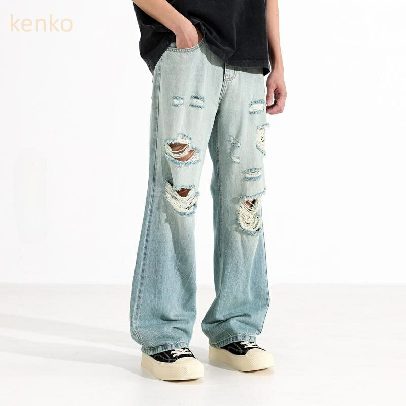 デニムパンツ メンズ デザイン ダメージ アメリカンカジュアル ヴィンテージ ウォッシュ加工 ユーズド加工 ルーズ ワイドシルエット フルレングス ライトブルー 春 薄手 コットン 再生繊維 普段使い ストリート