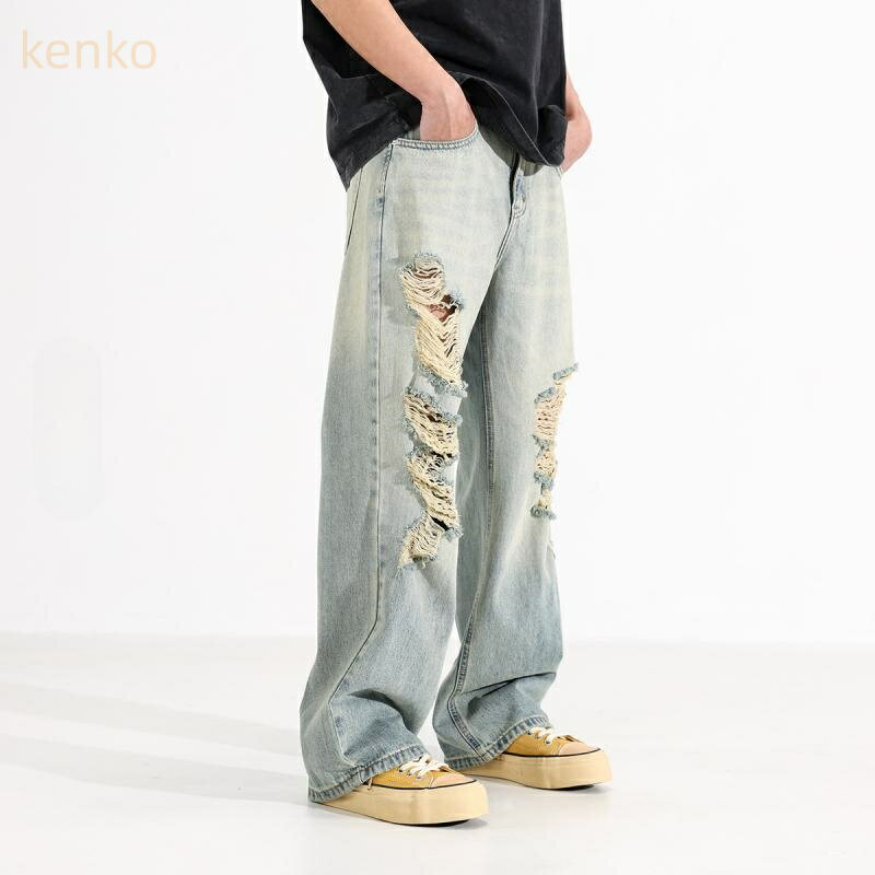 牛仔パンツ メンズ ダメージ加工 クラッシュデニム アメカジ ウォッシュ加工 ユーズド加工 ゆったり ワイド ルーズ バギー ストレート フルレングス 薄手 春物 綿混素材 ライトブルー