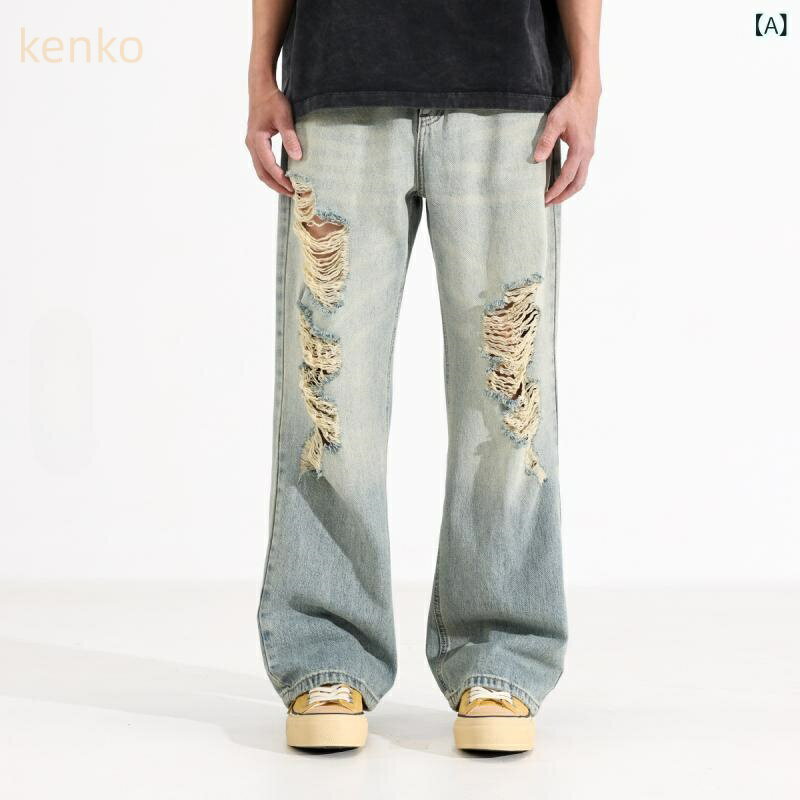 牛仔パンツ メンズ ダメージ加工 クラッシュデニム アメカジ ウォッシュ加工 ユーズド加工 ゆったり ワイド ルーズ バギー ストレート フルレングス 薄手 春物 綿混素材 ライトブルー