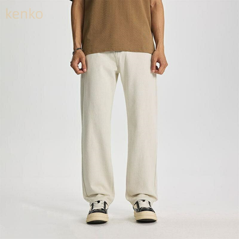 デニムパンツ メンズ 春夏 ストレートジーンズ ボトムス クリーンフィット ルーズシルエット ドレープ感 アメリカンストリート 薄手 微ストレッチ カジュアル 普段使い 綿 ポリエステル アイボリー