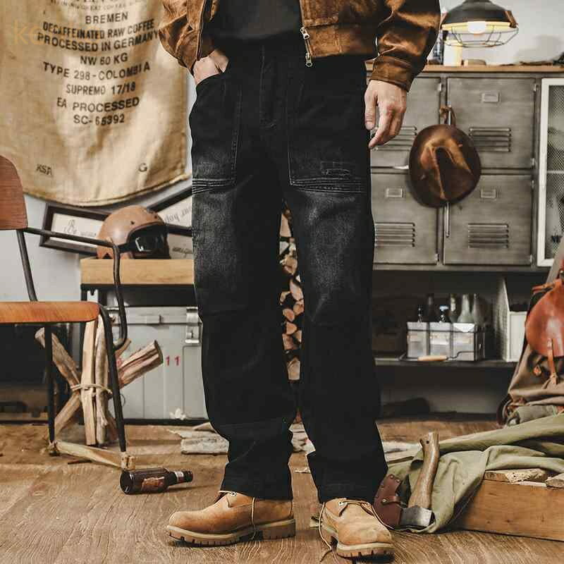 デニムパンツ メンズ アメカジ ヘビーウェイト 厚手 ストレート ルーズフィット コットン 綿 ウォッシュ加工 レトロ ヴィンテージ ゆったり カジュアル 普段使い ブラック