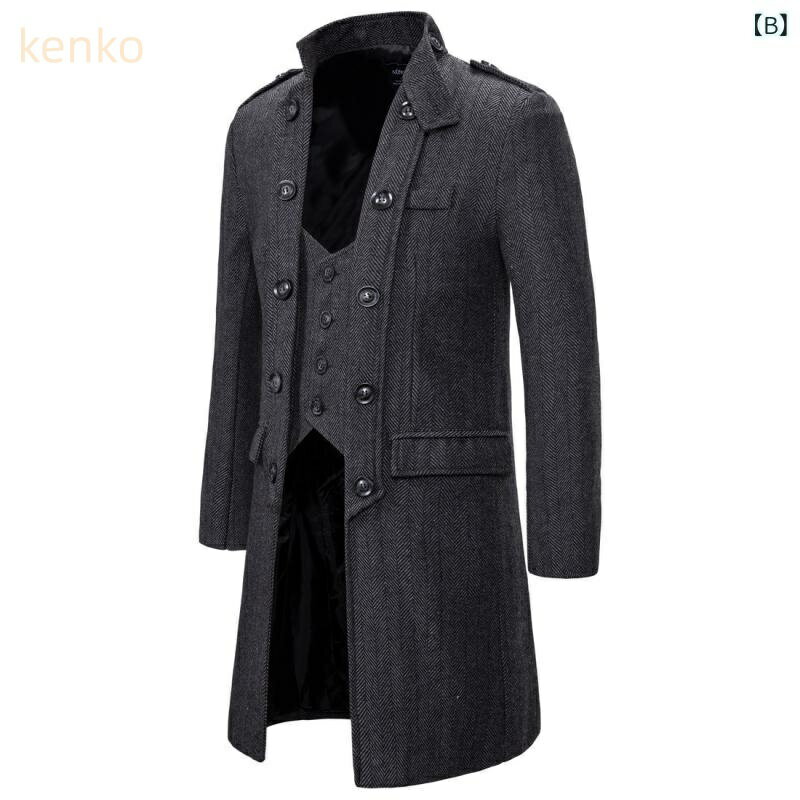 トレンチコート メンズ フェイクレイヤード ヘリンボーン柄 ミドル丈 スタンドカラー ダブルボタン スリムフィット ポリエステル混 アウター カジュアル ビジネス 通勤 春秋