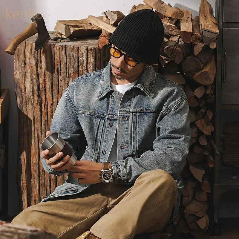 Gジャン メンズ アメリカンヴィンテージ アメカジ ヘビーウェイト コットン デニムジャケット ブルゾン ルーズフィット ドロップショルダー ユーズド加工 ウォッシュ加工 春秋 ブルー