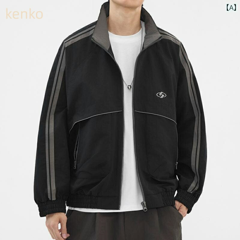 ジャケット メンズ ストライプ 切り替え 防風 ブルゾン アウター 刺繍 カジュアル ジップアップ 薄手 軽量 ポリエステル 長袖 ゆったり 普段使い スポーツ タウンユース 春秋 ブラック カーキ