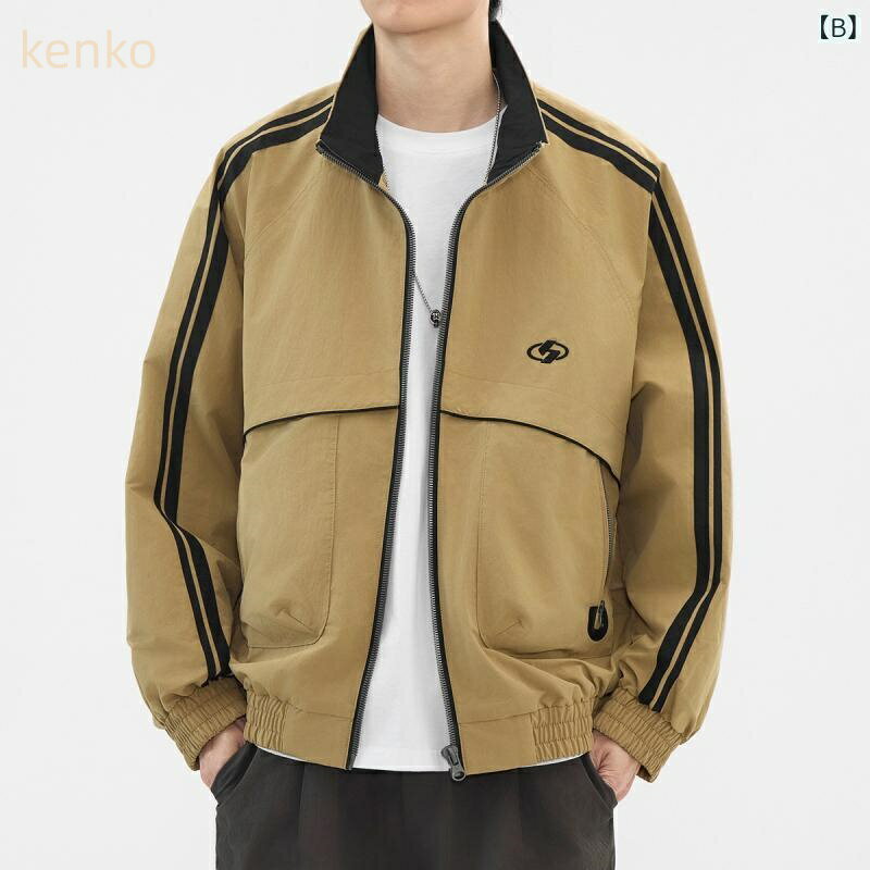 ジャケット メンズ ストライプ 切り替え 防風 ブルゾン アウター 刺繍 カジュアル ジップアップ 薄手 軽量 ポリエステル 長袖 ゆったり 普段使い スポーツ タウンユース 春秋 ブラック カーキ