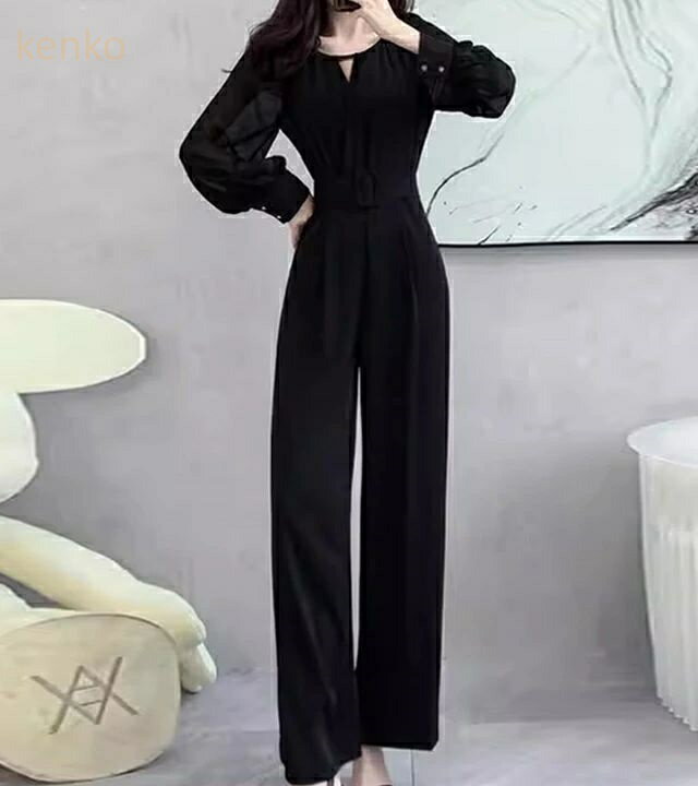 パーティードレス かっこいいパンツドレス 結婚式 お呼ばれドレス パンツ 袖あり 長袖 オールインワン ジャンプスーツ ワイドパンツ ハイウエスト 無地 シンプル