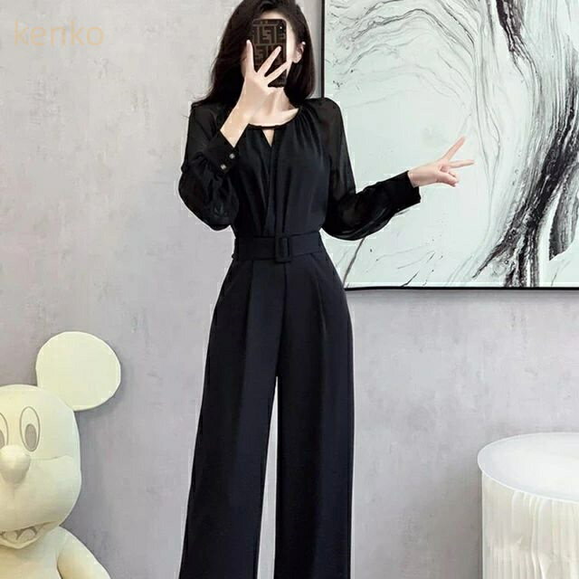 パーティードレス かっこいいパンツドレス 結婚式 お呼ばれドレス パンツ 袖あり 長袖 オールインワン ジャンプスーツ ワイドパンツ ハイウエスト 無地 シンプル