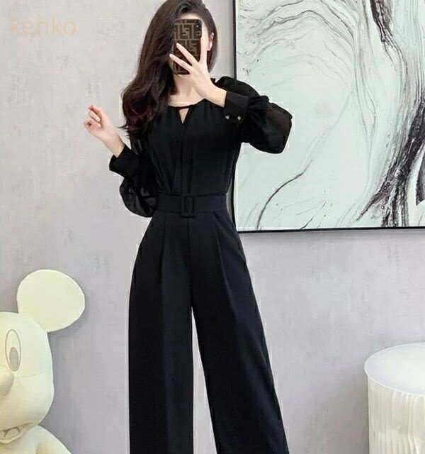 パーティードレス かっこいいパンツドレス 結婚式 お呼ばれドレス パンツ 袖あり 長袖 オールインワン ジャンプスーツ ワイドパンツ ハイウエスト 無地 シンプル