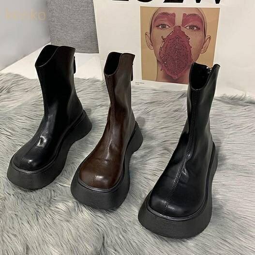 ショートブーツ 5cmヒール 厚底 ラウンドトゥ フラット 歩きやすい 履きやすい 走れる 防水 撥水 柔ら..