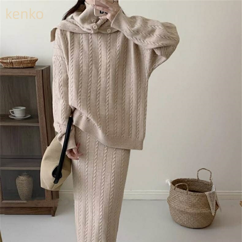 3点セット トップス スカート ボトムス ニット セーター セットアップ レディース ロング 長袖 ハイネ..