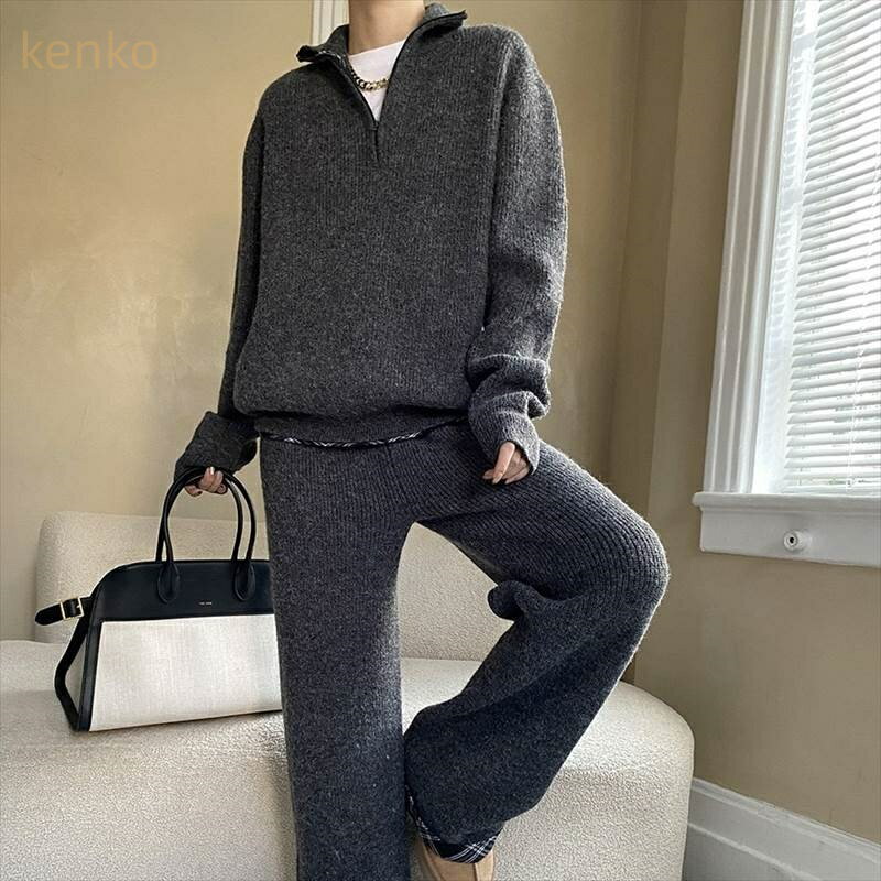 上下セット 2点セット トップス パンツ ボトムス ニット セーター セットアップ レディース ストレートパンツ フルレングス 長袖 ハイネック ハイウエスト ジッパー ハーフジップ かわいい 大人可愛い きれいめ シンプル カジュアル おしゃれ かっこいい チェック