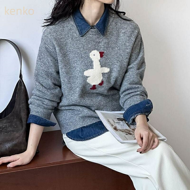 トップス セーター レディース ニットセーター 長袖 ラウンドネック プルオーバー ミディアム丈 かわい..