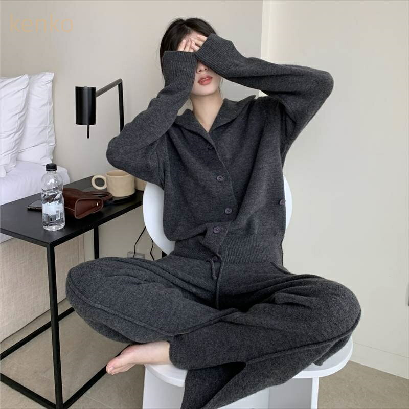 セットアップ 上下 2点セットレディース カーディガン 長袖 前開き ボタン ビックカラー ロングパンツ ウエストゴム サイドスリット 部..