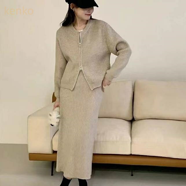 セットアップ 上下 2点セット レディース セーター 長袖 ラウンドネック 前開き ダブルジップ ロングスカート ウエストゴム セミフレア フリーサイズ 茶色 グレー 青 黒 無地 大人可愛い シンプル 着回し お出かけ 秋 冬