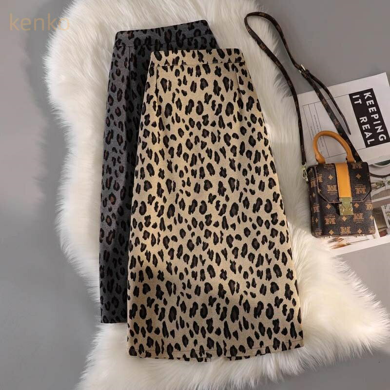 スカート ボトムス レディース ミモレ ロング Aライン ストリート スリット ウエストゴム ニット かわいい 大人可愛い 上品 かっこいい レトロ こなれ感 ガーリー 個性的 クール モード系 存在感 抜け感 ラブリー キュート アクティブ ワイルド ヒョウ柄 アニマル柄 総柄 秋(4)