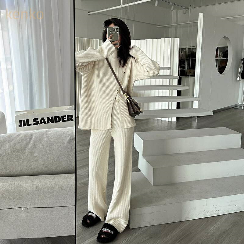 トップス パンツ ボトムス ニット セーター セットアップ レディース ロングパンツ ロング 長袖 ハイネ..