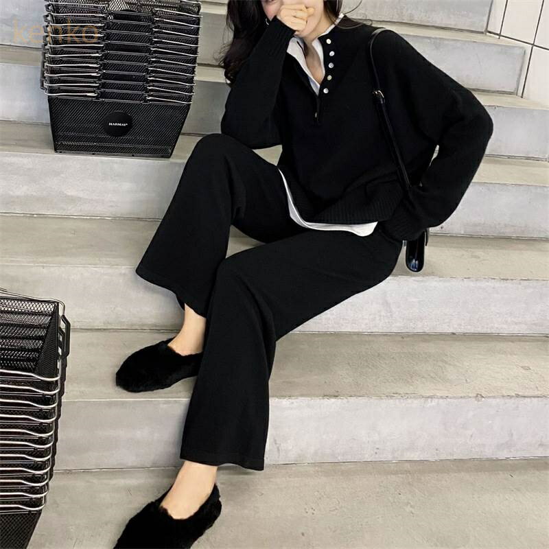 トップス パンツ ボトムス ニット セーター セットアップ レディース ストレートパンツ ロング 長袖 ヘ..