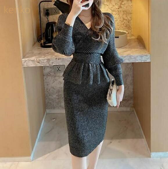 トップス スカート ボトムス ニット セーター セットアップ レディース 膝丈 長袖 ラメ感 Vネック カシ..