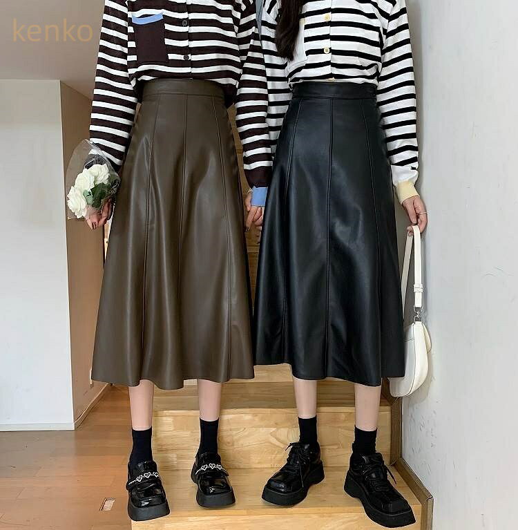 スカート レディース ロング ハイウエスト レザー ガーリー モード系 カジュアル 大人 可愛い かっこいい ロング丈 10代 40代 50代 オシャレ 無地 春 夏 秋 冬 オールシーズン 休日 お出かけ デート お散歩 女子会 着回し 普段使い シンプル 定番 ブラック ブラウン S M L XL