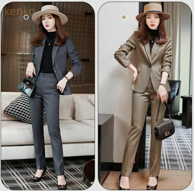 2色 S〜4XL チェック柄スーツ レディース パンツスーツ ジャケット 2点セット 上下 セットアップ ボタン1つ 面接 通勤 入学式 卒業式 着痩せ オフィス フォーマル OL 就活 事務服 カーキ グレー スーツ レディース リクルートスーツ スタイリッシュスーツ ベルト通し付き