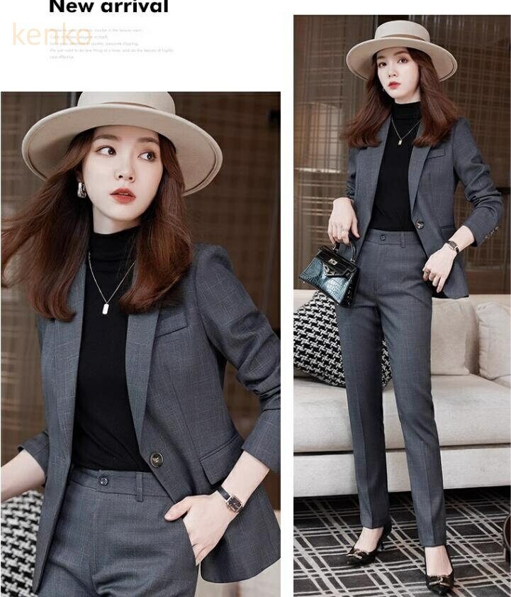 2色 S〜4XL チェック柄スーツ レディース パンツスーツ ジャケット 2点セット 上下 セットアップ ボタン1つ 面接 通勤 入学式 卒業式 着痩せ オフィス フォーマル OL 就活 事務服 カーキ グレー スーツ レディース リクルートスーツ スタイリッシュスーツ ベルト通し付き