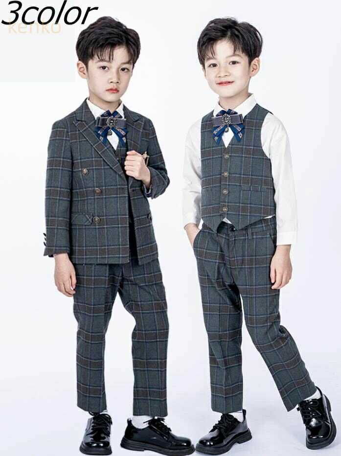 チェック柄 ストライプ キッズスーツ 男の子 タキシード イギリス風 子供スーツ 6点セット ジャケット＋シャツ＋ベスト＋ズボン＋蝶ネクタイ+ブローチ 七五三 子供服 男の子スーツ キッズ 発表会 卒業式 ピアノ 結婚式 ステージ 80~160 撮影 バンド 司会 演奏会