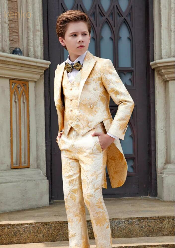 上品 燕尾服 ピアノ 5点セット 上着＋シャツ+ベスト+ズボン＋蝶ネクタイ 花柄 七五三 入学式 卒園式 結婚式 子供スーツ カジュアル 出演 フォーマル セットアップ 男の子スーツ 発表会 卒業式 舞台 司会 子供服 子ども服 キッズフォーマル 制服 ジュニア 演奏会 七五三