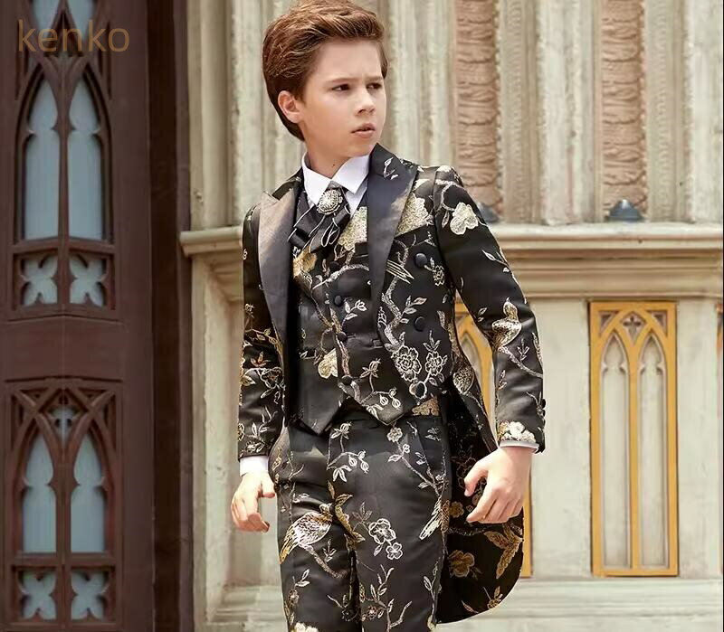 上品 2色 5点セットアップ 花柄 燕尾服スーツ タキシード 燕尾服 子供スーツ ジャケット+ベスト+ズボン+蝶ネクタイ+シャツ 七五三 ドレスコート 男の子ス...