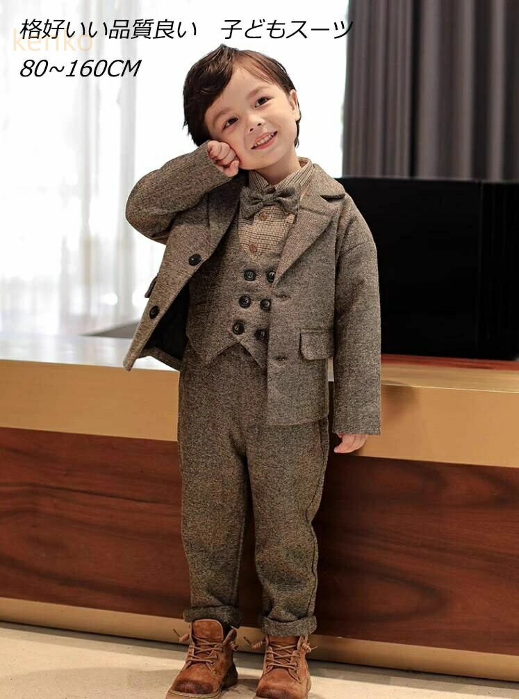 キッズスーツ 男の子 タキシード イギリス風 子供スーツ 6点セット ジャケット＋シャツ＋ベスト＋ズボン＋蝶ネクタイ+サスペンダー.ズボンつり 七五三 子供服 男の子スーツ キッズ 発表会 卒業式 ピアノ 結婚式 ステージ 80~160 撮影 バンド 司会 演奏会 ダブルボタン 上品