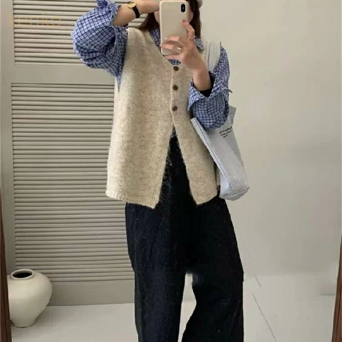ニットベスト レディース 春 秋 ノーカラー 前開き ニット ベスト トップス 羽織り 無袖 ノーカラー 重ね着 ベスト ノースリーブ レイヤード風 無地 シンプル カジュアル おしゃれ 柔らかい もこもこ ふわもこ 着回し 体型カバー ナチュラル 定番 韓国風