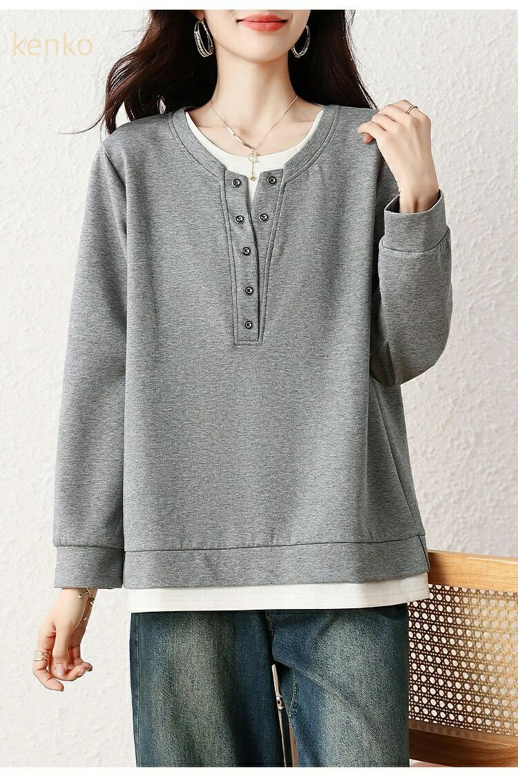 トップス 長袖 レイヤード カットソー tシャツ フェイクレイヤード 重ね着風 トレーナー 無地 レディース スウェット プルオーバー レイヤード風 春 秋 冬 ブラック 黒 グレー 秋服 シンプル カジュアルコーデ キレイめ