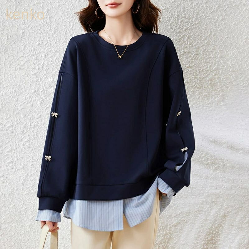 スウェット トレーナー レディース 春 秋 裾シャツ 切り替え プルオーバー 長袖 重ね着 フェイクレイヤード 大人 カジュアル トップス シャツ切替 スウェット おしゃれ シンプル ゆるっと きれいめ 着回し 30代 40代