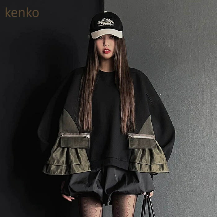 トレーナー レディース 秋 春 長袖 トップス 重ね着 トレーナー 異素材切り替え Aライン トレーナー 配色 バイカラー Tシャツ オーバーサイズ シンプル ゆったり カジュアル ボリューム感 大きいサイズ ゆるっと 着?せ お洒落 トレンド 着回し抜群