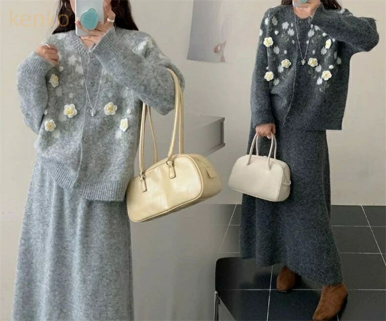 ニット セットアップ 秋冬 レディース ニット スカートスーツ ニットカーディガン&スカート 2点セット セーター 花柄 刺繍 立体 キレイめ 前開き 秋冬セット ロングスカート ゆったり ニットスカート 女性 カジュアル 通勤 OL 体型カバー 着痩せ 送料無料