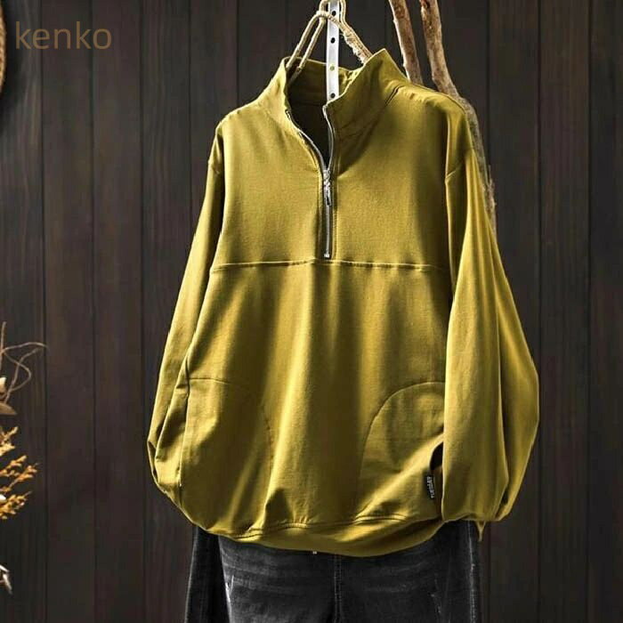 トレーナー レディース 小顔 ハーフジップ トップス オーバーサイズ tシャツ カットソー 綿 コットン スウェット ドロップショルダー ビッグ ジップ 大きいサイズ ゆったりトップス 重ね着 レイヤード風 体型カバー シンプル カジュアル 大きいサイズ ゆるっと