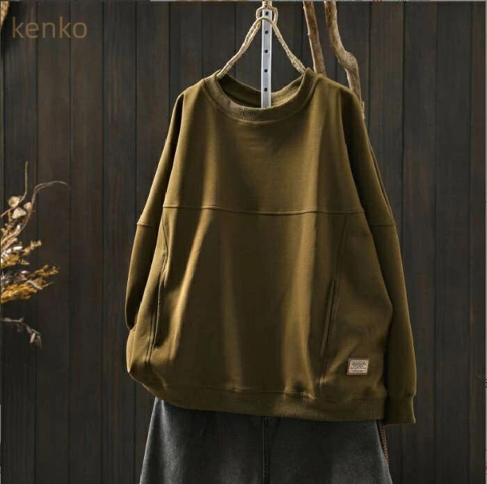 トレーナー 春 秋 長袖 レディース 春 秋 Tシャツ スウェット 綿 コットン トレーナー カットソー シンプル トップス プルオーバー 大きいサイズ 体型カバー ゆったり 幅広カフス ゆったり ナチュラル ゆる感 通学 カジュアル キレイめ 大人可愛い