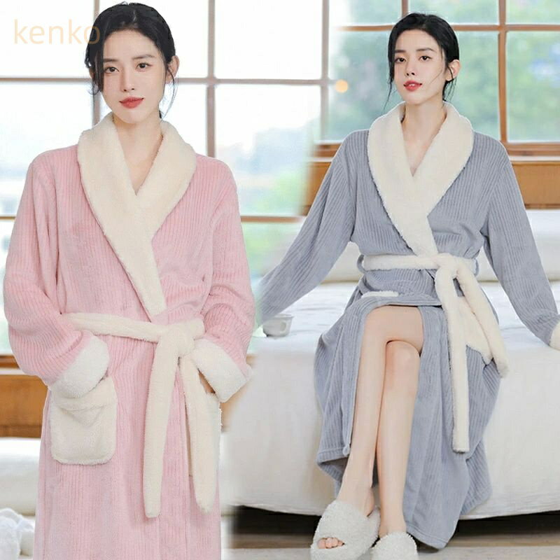 レディース もこもこ 厚手 防寒 裏起毛 パジャマ 秋冬 ミモレ丈 ルームウェア フランネル タオル地 ママ バスローブ単品 大きい