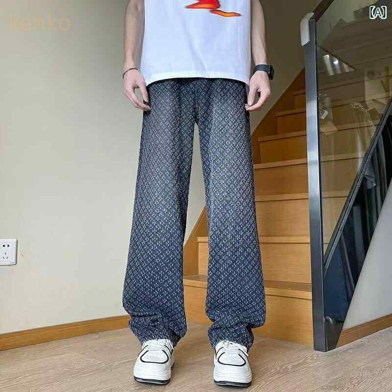 デニムパンツ メンズ 男性用 星空柄 ジャガード織り ストレート ワイドパンツ ルーズフィット アメリカンカジュアル 性 ウォッシュ加工 ミッドウエスト ストレッチ 春秋 ブラック ブルー 普段使い カジュアル