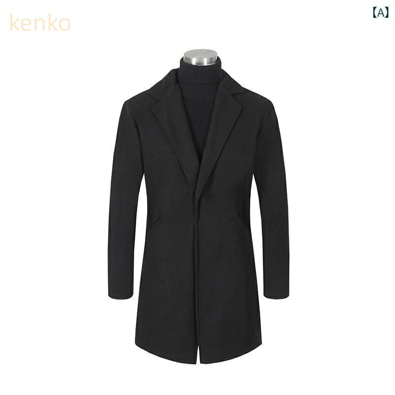 コート メンズ 秋冬 ミドル丈 韓国 トレンド テーラードカラー メルトン調 薄手 シングルブレスト 無地 混紡素材 カジュアル ビジネス アウター ブラック