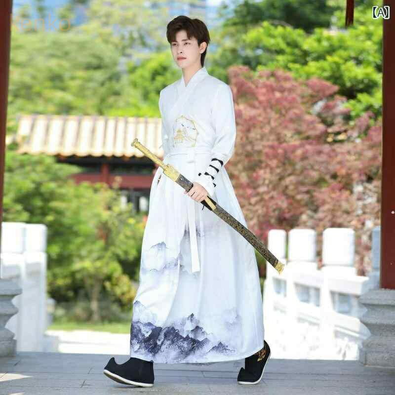 漢服 メンズ 男性用 中国風 中華風 伝統衣装 民族衣装 刺? 花柄 フラワー刺繍 武侠風 剣士風 時代劇風 舞台衣装 演出服 発表会 イベント コスプレ 麻混紡 ポリエステル素材 オールシーズン オールシーズン ホワイト 白系 かっこいい おしゃれ