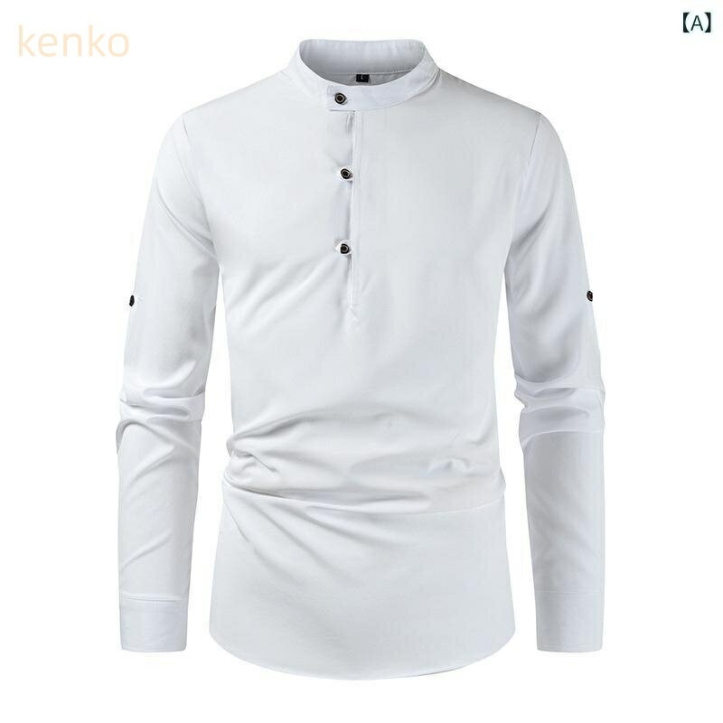 シャツ メンズ 長袖 スタンドカラー 無地 カジュアル 普段使い ノーアイロン シワになりにくい ポリエ..