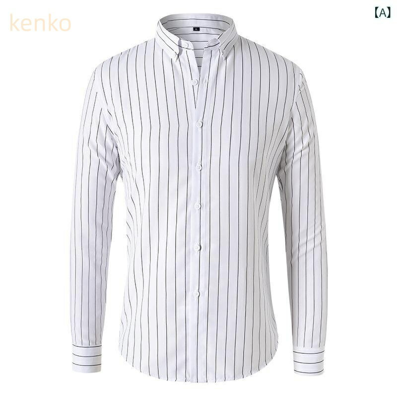 シャツ メンズ 縦ストライプ 長袖 レギュラーカラー スリムフィット ポリエステル 形態安定 シワになりにくい カジュアル ビジネス 普段使い トップス ホワイト ブラック レッド ブルー ネイビー